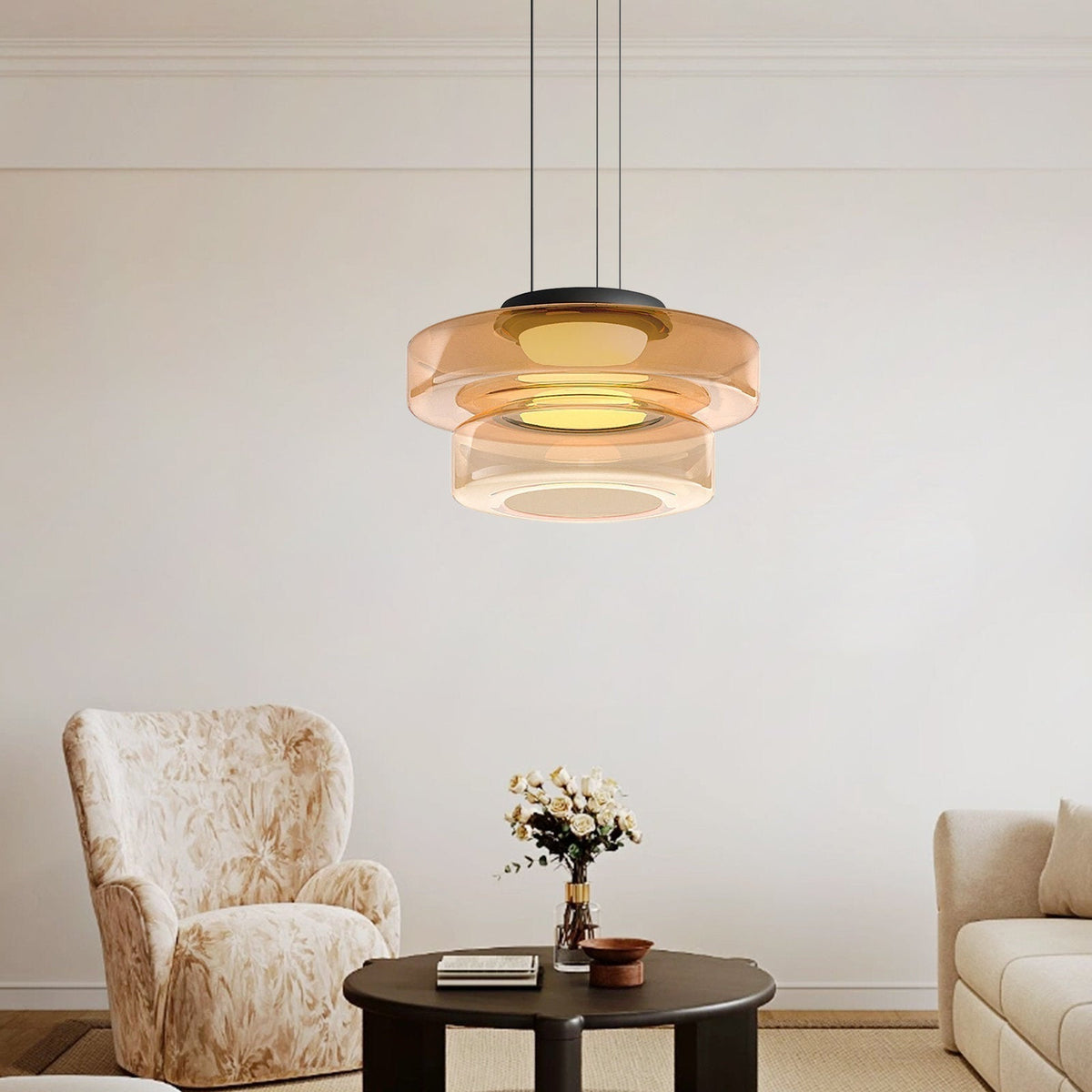 Modern Tiered Glass Ceiling Fixture – Iron & Glass Hanging Light for Kitchen Island, Dining Room & Living Space – Adjustable Multi-Layer | Thomler