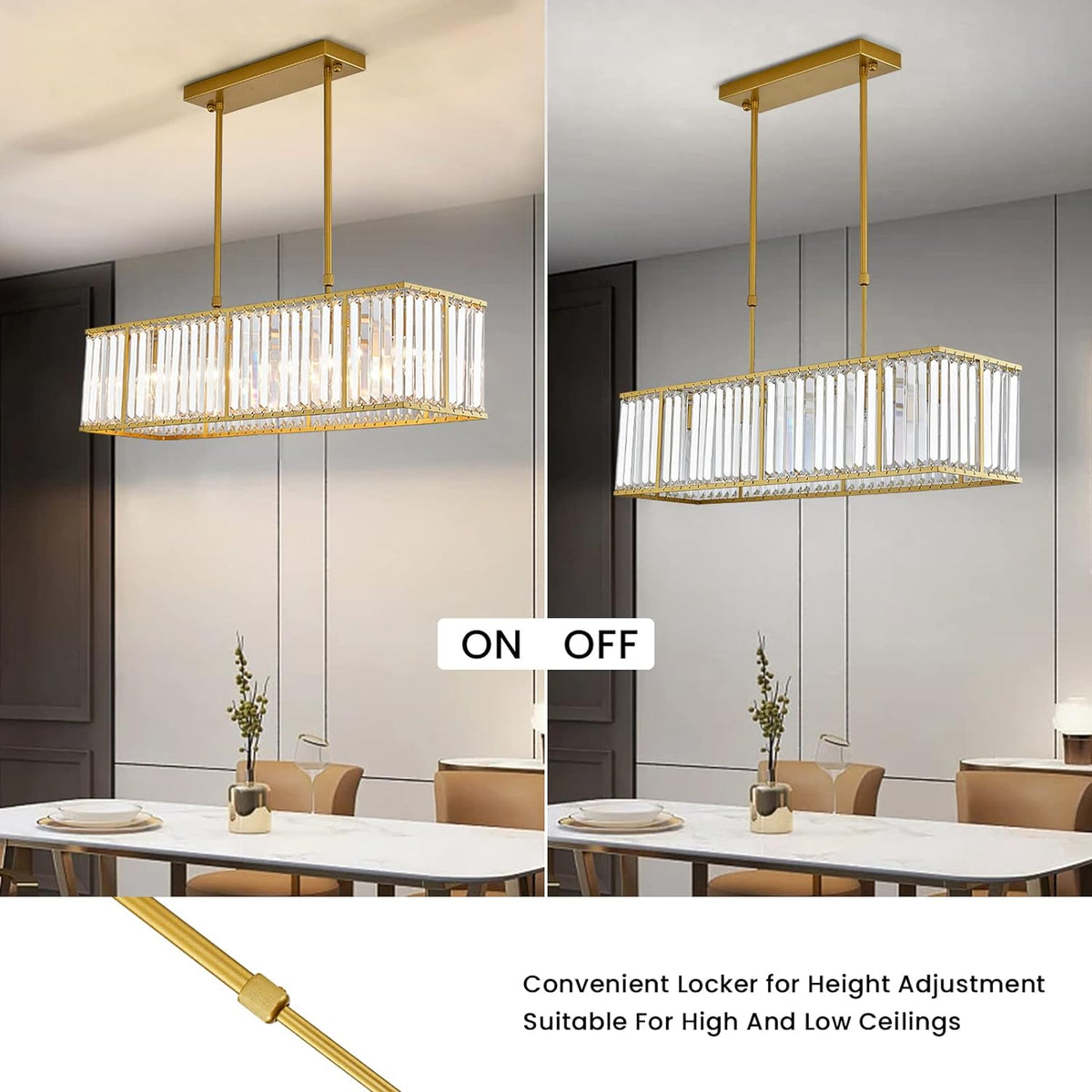 Rectangular Hanging Chandelier with Glass Gem Details for Dining Room & Island | Thomler