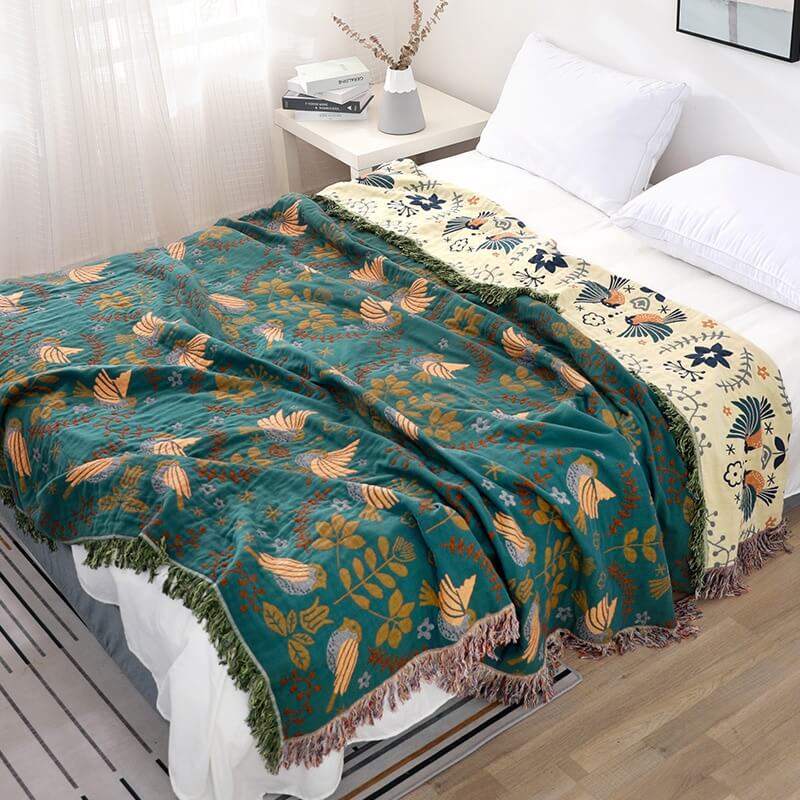 Reversible Cotton Throw Blanket with Woven Bird & Floral Pattern, Tasseled Edge for Couch, Sofa, Bed – Double-Sided Bohemian Home Accent | Thomler