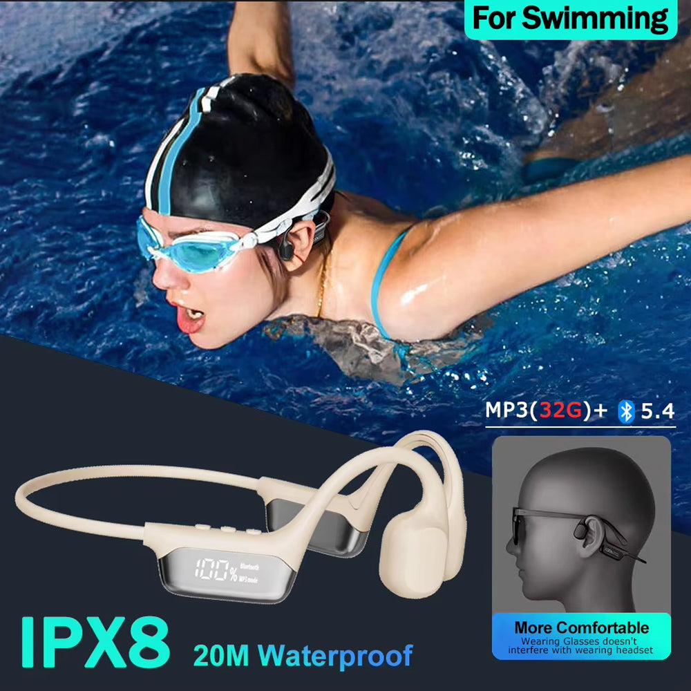 Waterproof Bone Conduction Swimming Headphones 32GB Storage IPX8 Rated for Pool Diving Ocean Sports Bluetooth 5.4 Open-Ear Audio | Thomler