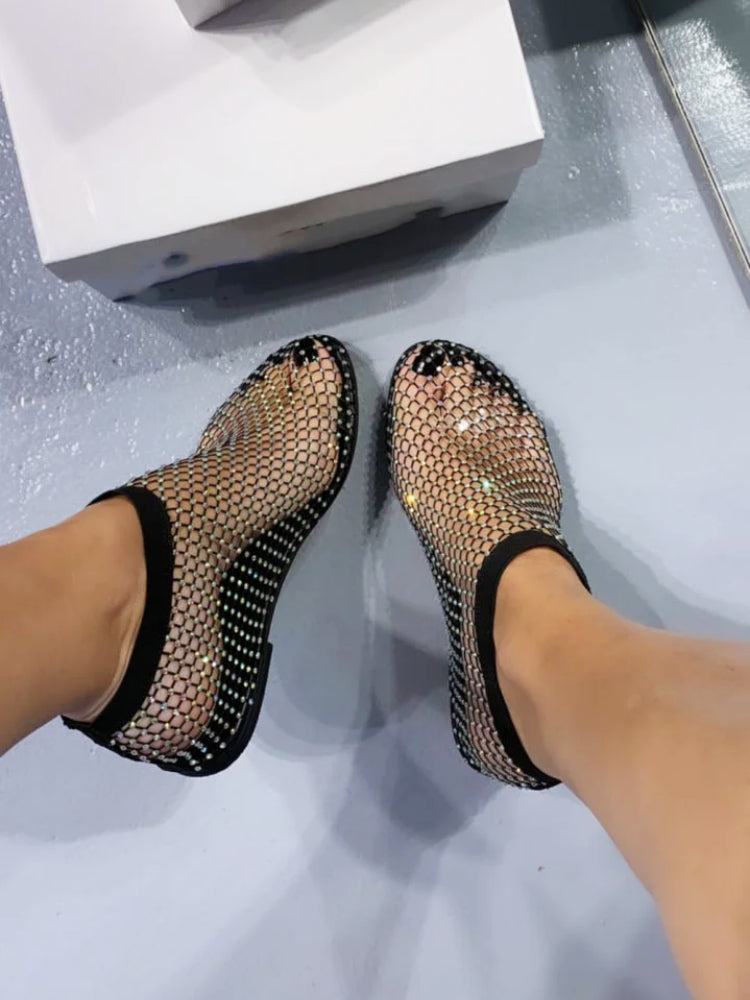 Women's Breathable Mesh Ballet Flats with Rhinestone Embellishment – Lightweight Slip-On Shoes for All-Day Comfort | Thomler