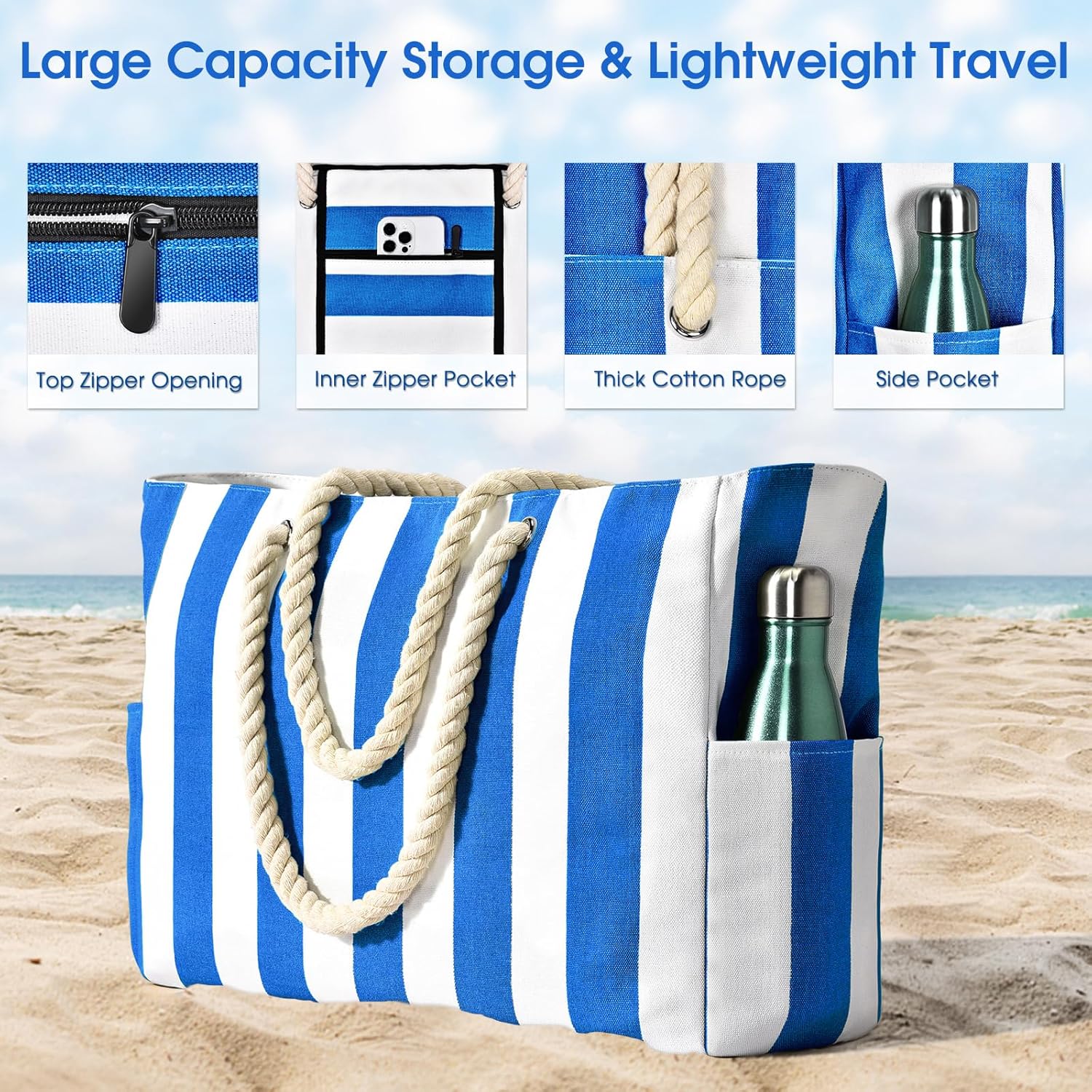 Large Mesh Carryall Bag with Zippered Closure for Pool Days and Coastal Getaways – Holds Towels, Sunscreen & Gear for Travel, Gym, Yoga, Pic | Thomler