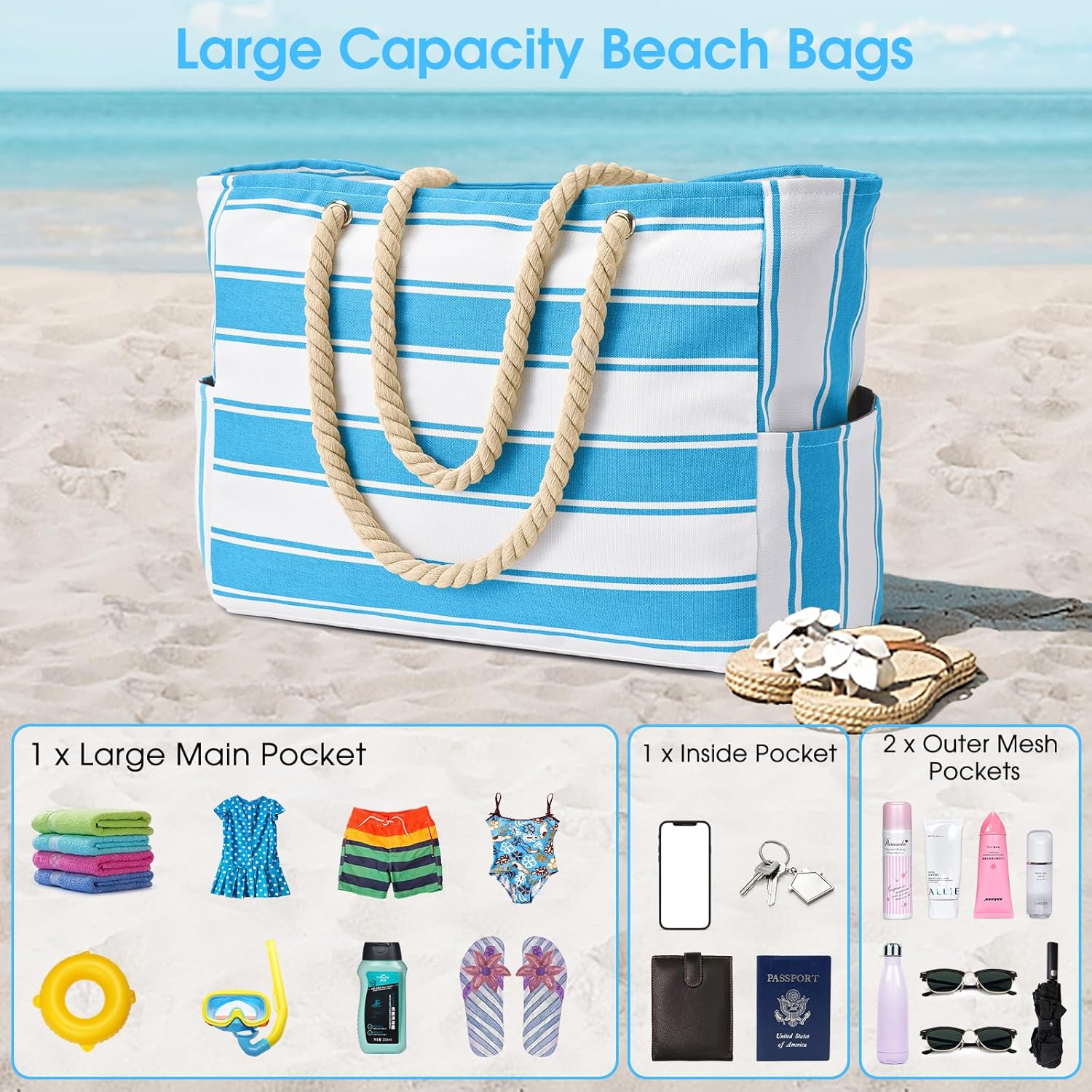 Large Mesh Carryall Bag with Zippered Closure for Pool Days and Coastal Getaways – Holds Towels, Sunscreen & Gear for Travel, Gym, Yoga, Pic | Thomler