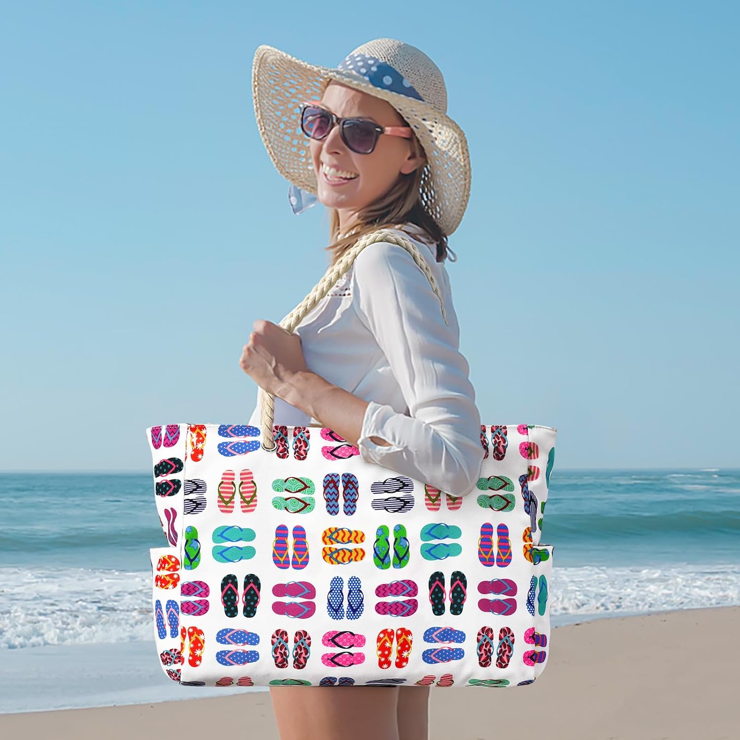Large Mesh Carryall Bag with Zippered Closure for Pool Days and Coastal Getaways – Holds Towels, Sunscreen & Gear for Travel, Gym, Yoga, Pic | Thomler