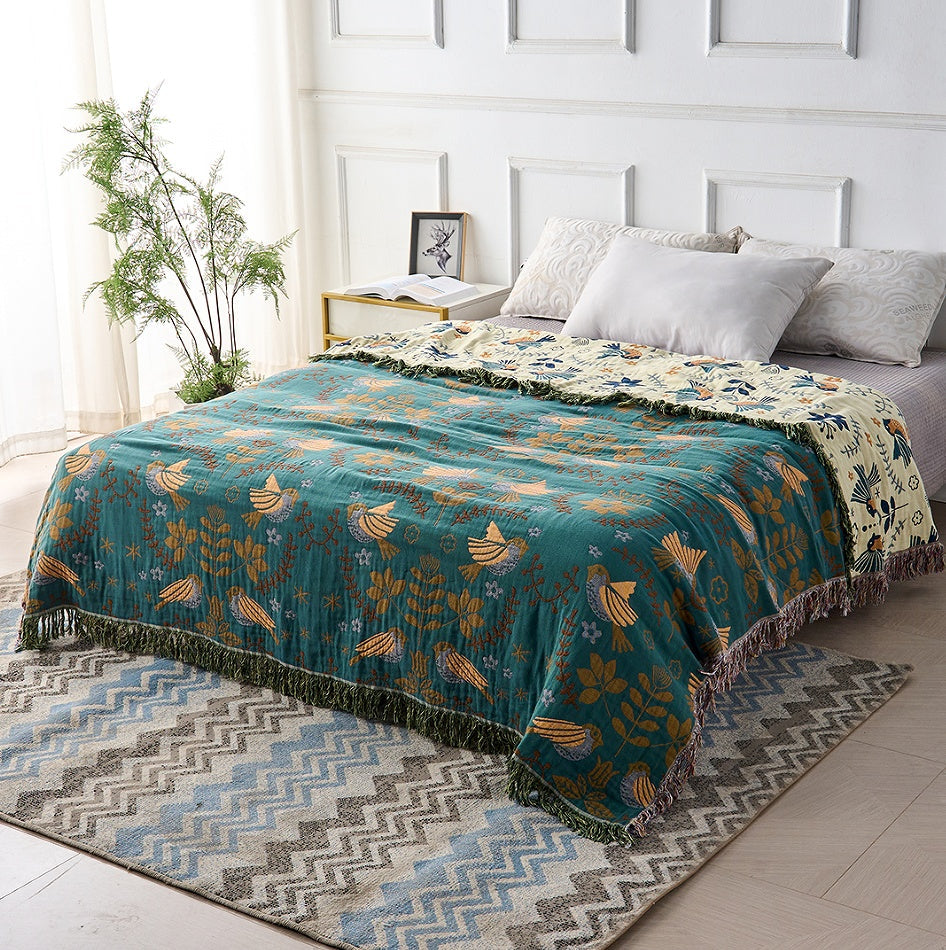 Cotton Throw Blanket Double-Sided Bird & Floral Design 100% Natural Fiber for Couch Bed Sofa Living Room Bedroom Decor Fringe Accents | Thomler