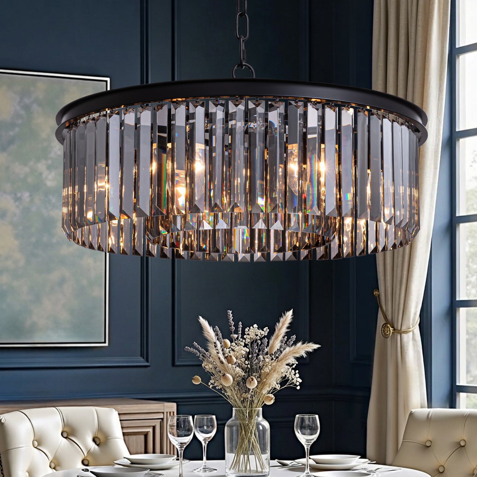 Smoky Gray K9 Crystal Chandelier Round Canopy Pendant for Dining Room Living Room Kitchen Modern Hanging Fixture E12 Bulb Adjustable Chain | Thomler