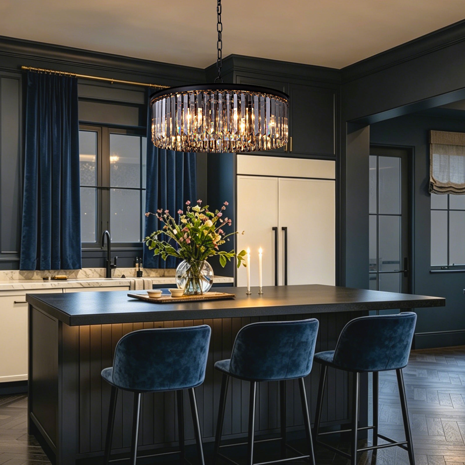 Smoky Gray K9 Crystal Chandelier Round Canopy Pendant for Dining Room Living Room Kitchen Modern Hanging Fixture E12 Bulb Adjustable Chain | Thomler