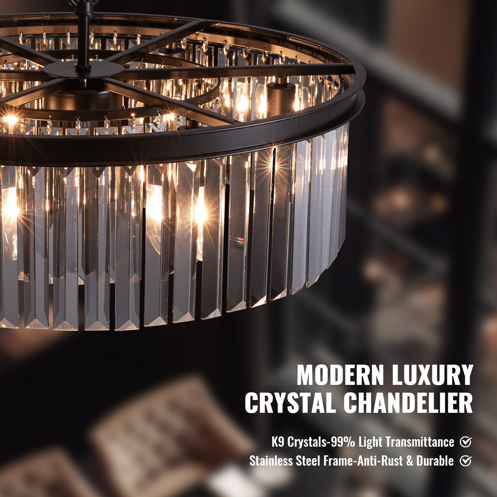 Smoky Gray K9 Crystal Chandelier Round Canopy Pendant for Dining Room Living Room Kitchen Modern Hanging Fixture E12 Bulb Adjustable Chain | Thomler