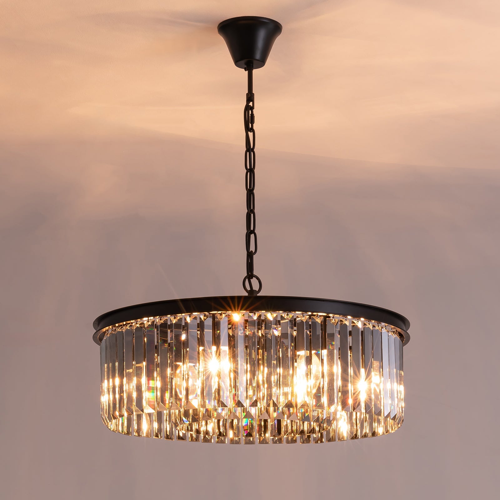 Smoky Gray K9 Crystal Chandelier Round Canopy Pendant for Dining Room Living Room Kitchen Modern Hanging Fixture E12 Bulb Adjustable Chain | Thomler