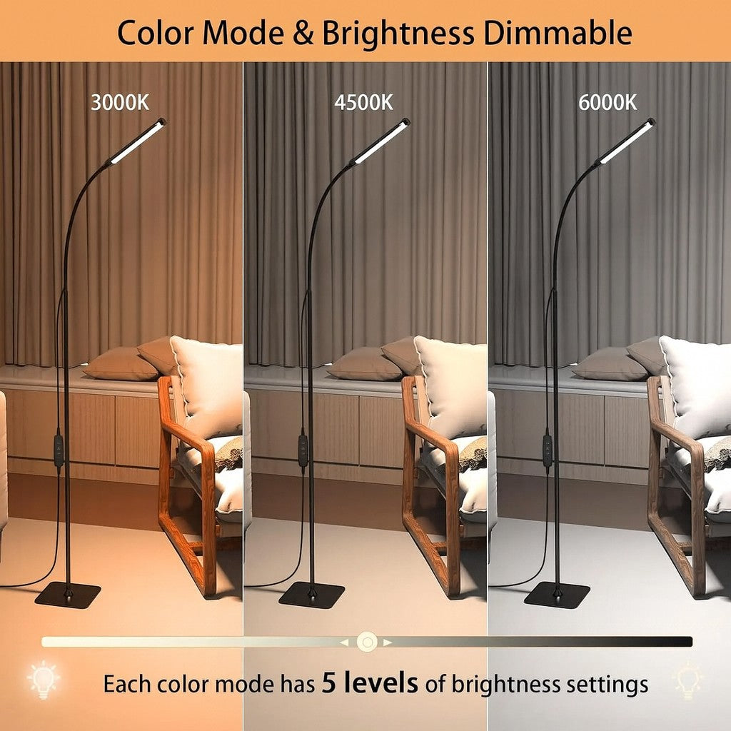Adjustable LED Reading Floor Lamp with Remote Control Black Metal Modern Task Light with 3 Color Temps & 5 Brightness Levels for Living | Thomler