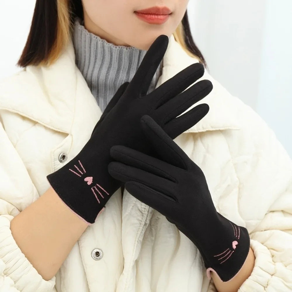 Stretchy Knit Touchscreen Gloves with Embroidered Kitten Detail for Women | Thomler