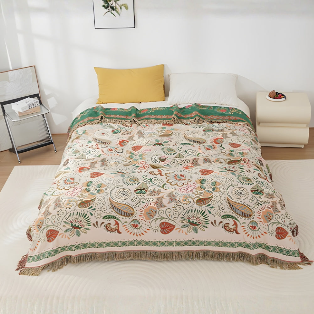 Reversible Cotton Gauze Throw Blanket with Tassels – Floral Boho Design for Couch, Bed & Living Room Decor | Thomler