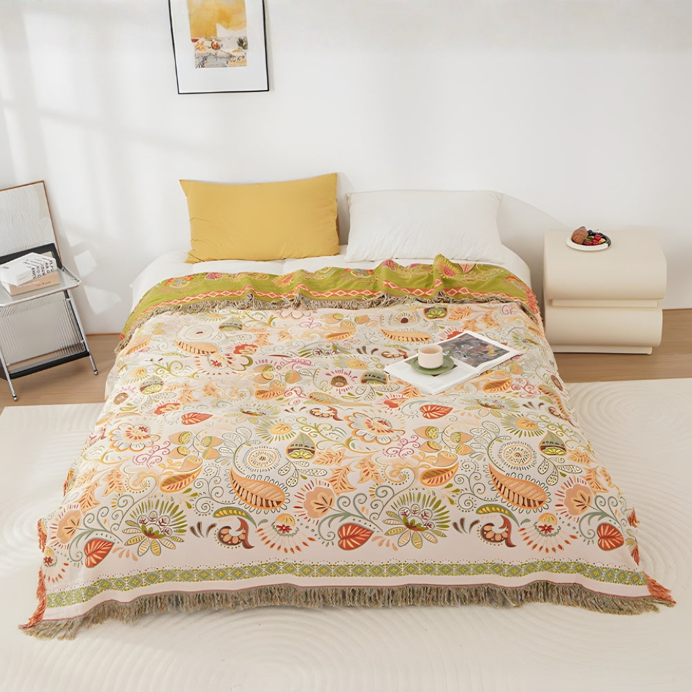 Reversible Cotton Gauze Throw Blanket with Tassels – Floral Boho Design for Couch, Bed & Living Room Decor | Thomler