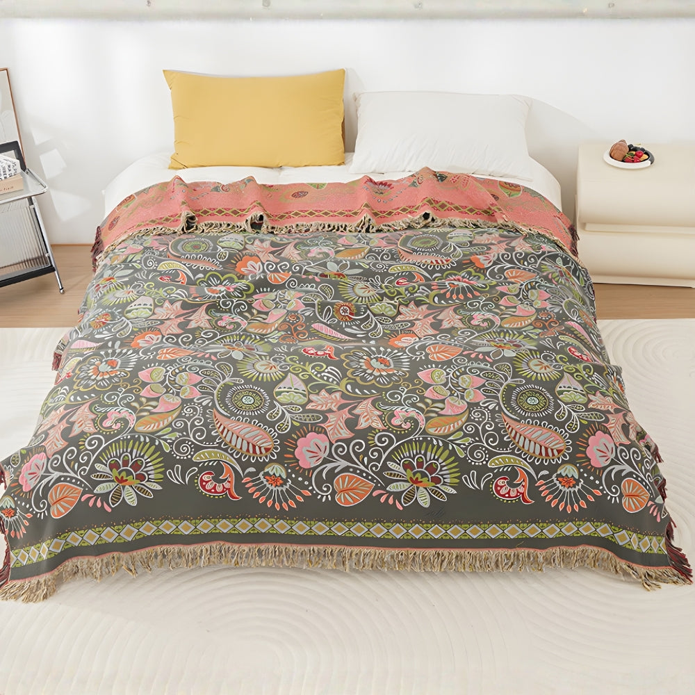 Reversible Cotton Gauze Throw Blanket with Tassels – Floral Boho Design for Couch, Bed & Living Room Decor | Thomler