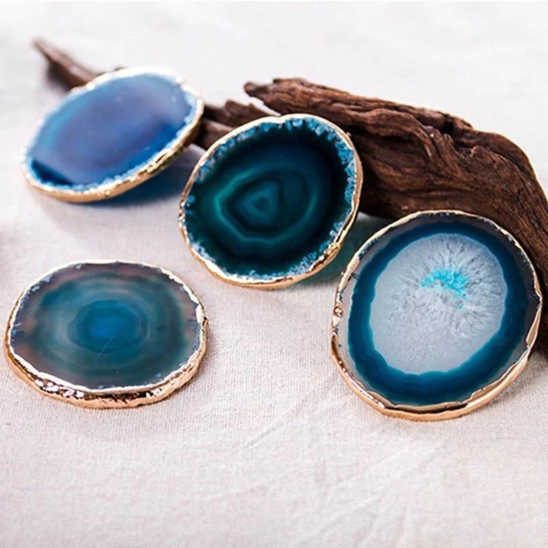 Coaster Blue Agate 3.5 in Natural Stone Tabletop Drink Holder Gold Edged Set | Thomler