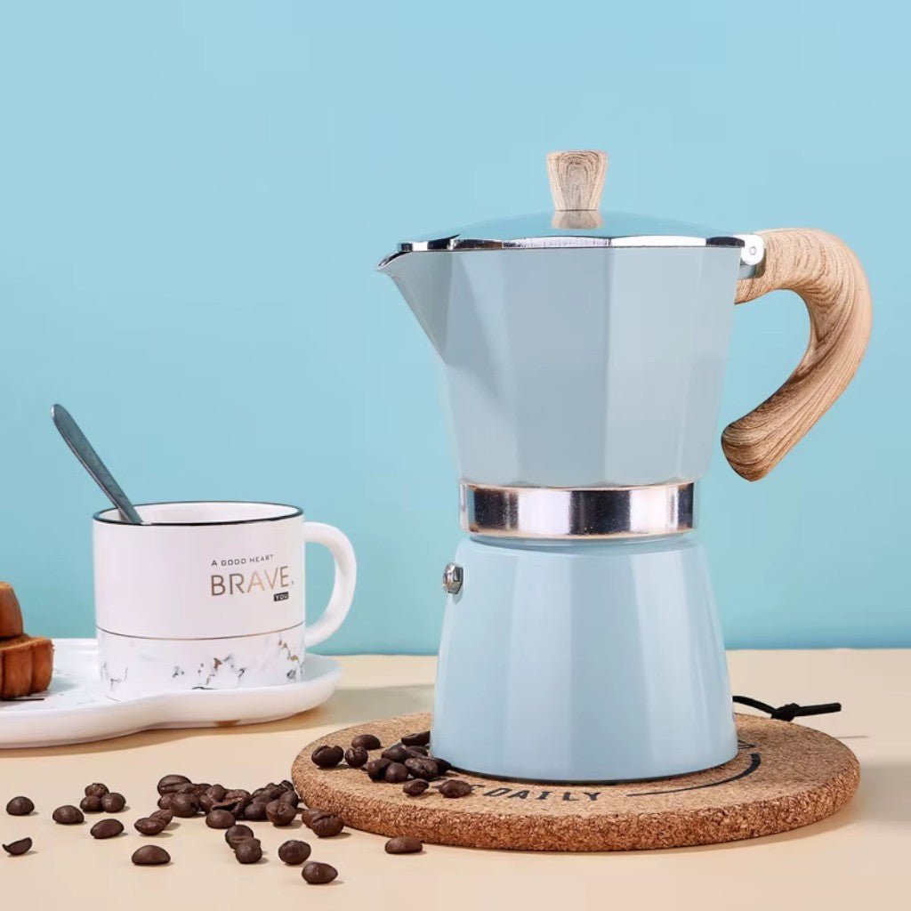 Stovetop Espresso Maker in Azure – Food-Safe Aluminum 3 or 6 Cup Moka Coffee Pot for Gas Electric Induction Stove Kitchen Brewer | Thomler