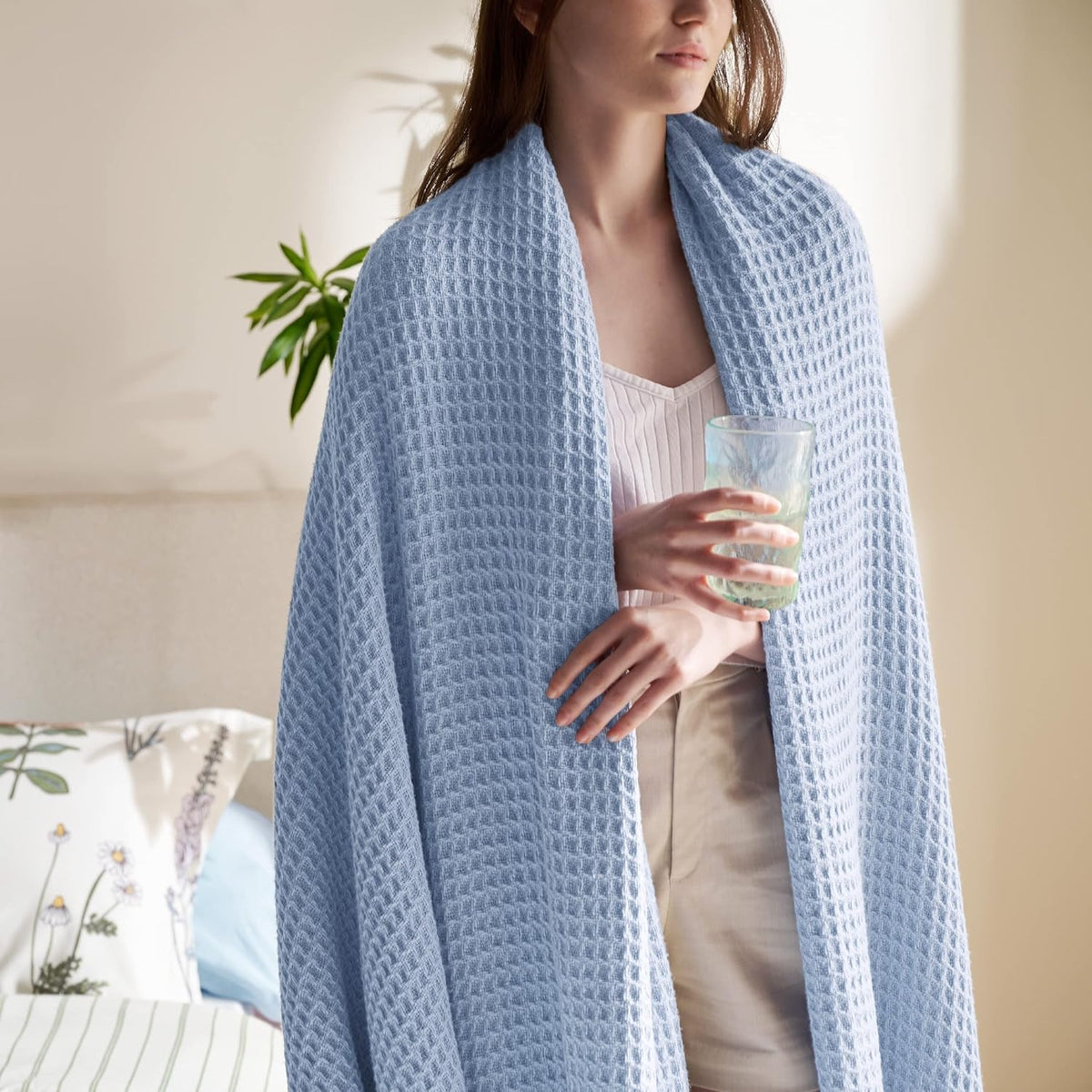 Pure Cotton Thermal Blanket – Queen 90×90 in – Textured Weave Layer for All Seasons – Lightweight & Breathable Throw for Bed or Sofa | Thomler