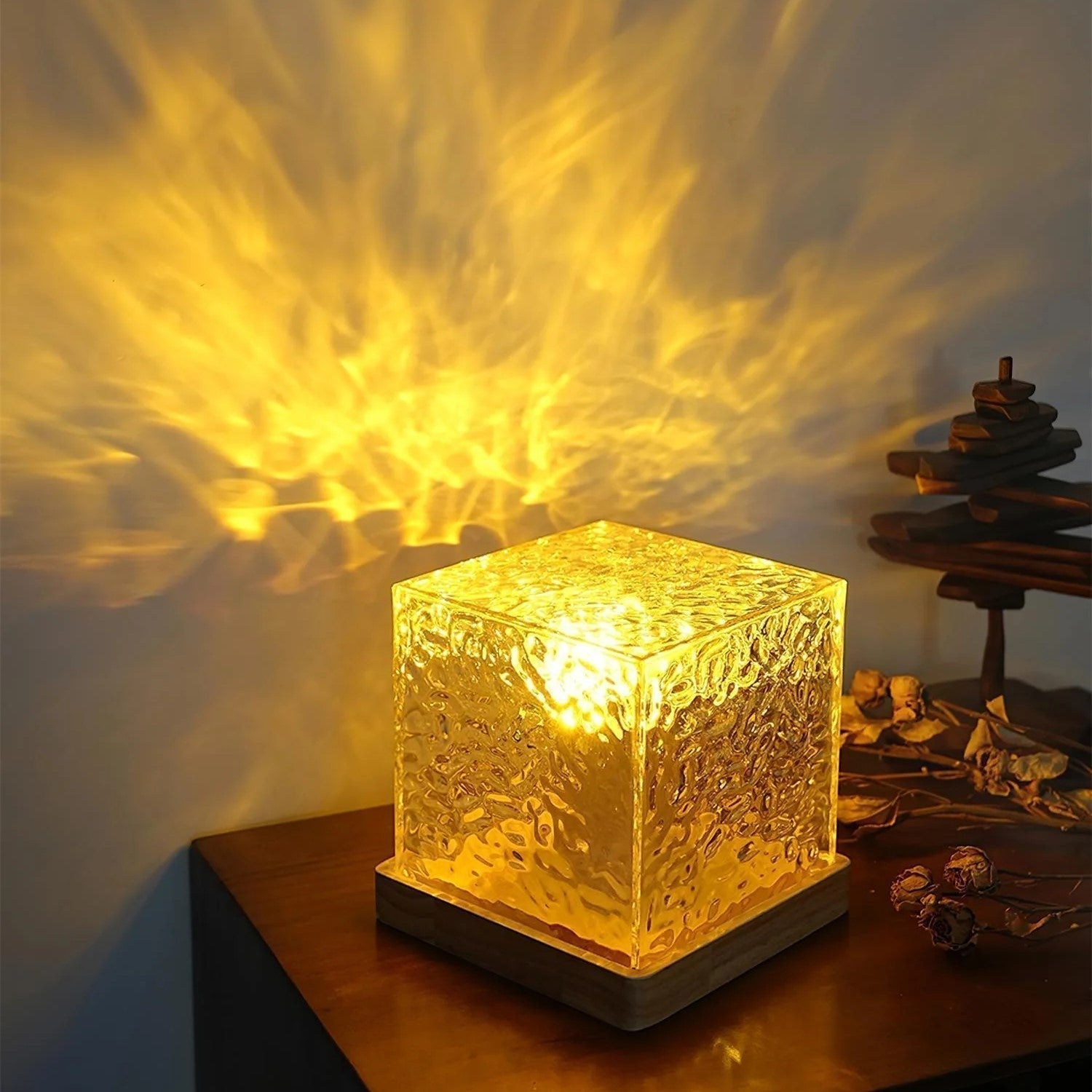 Mood Lamp Acrylic Prism Cube 13.0 cm USB Wooden Base Bedroom Ambient Night Light Aurora Effect Decorative Table Lamp | Thomler