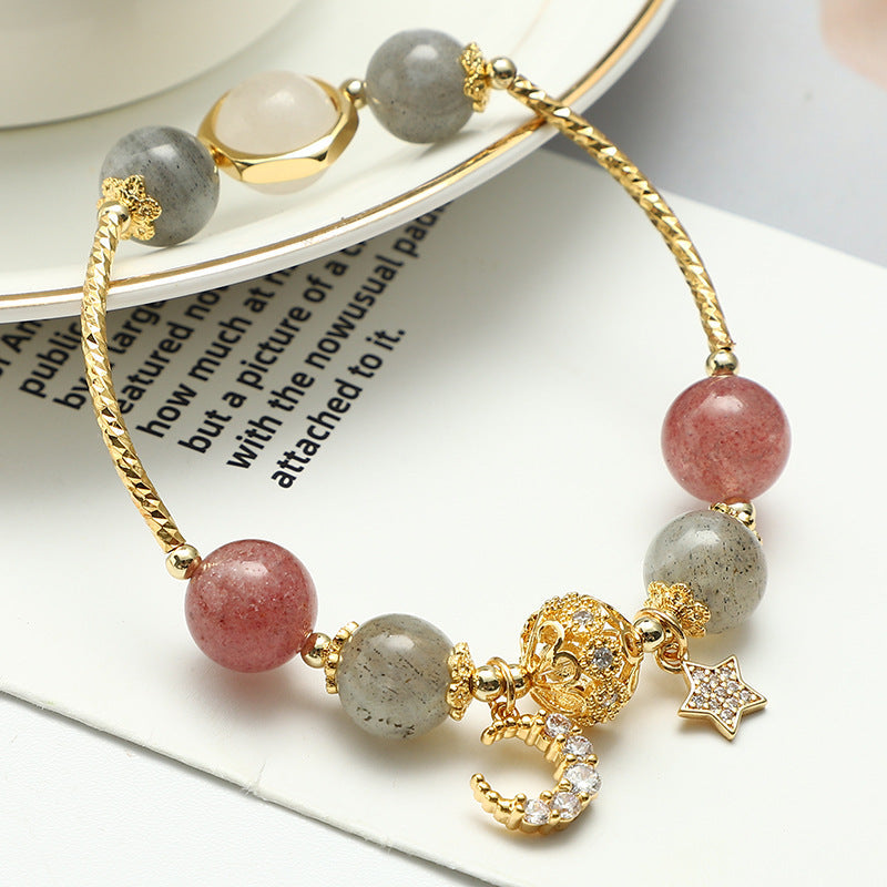 Labradorite & Strawberry Quartz Beaded Bracelet with Moon & Star Charm – Women's Gemstone Jewelry for Meditation & Everyday Wear | Thomler