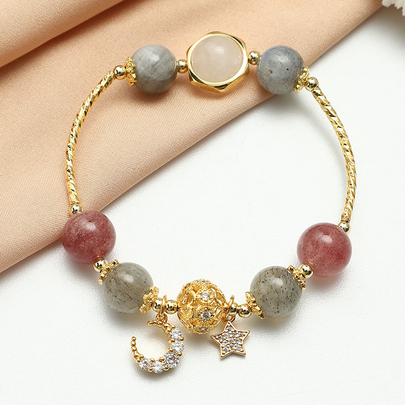 Labradorite & Strawberry Quartz Beaded Bracelet with Moon & Star Charm – Women's Gemstone Jewelry for Meditation & Everyday Wear | Thomler