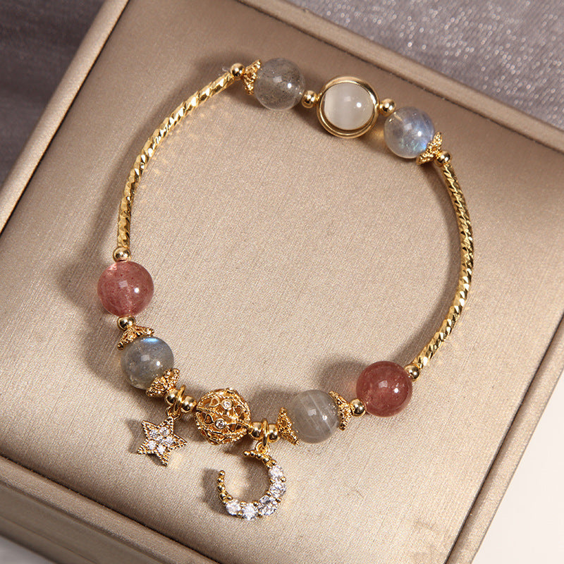 Labradorite & Strawberry Quartz Beaded Bracelet with Moon & Star Charm – Women's Gemstone Jewelry for Meditation & Everyday Wear | Thomler