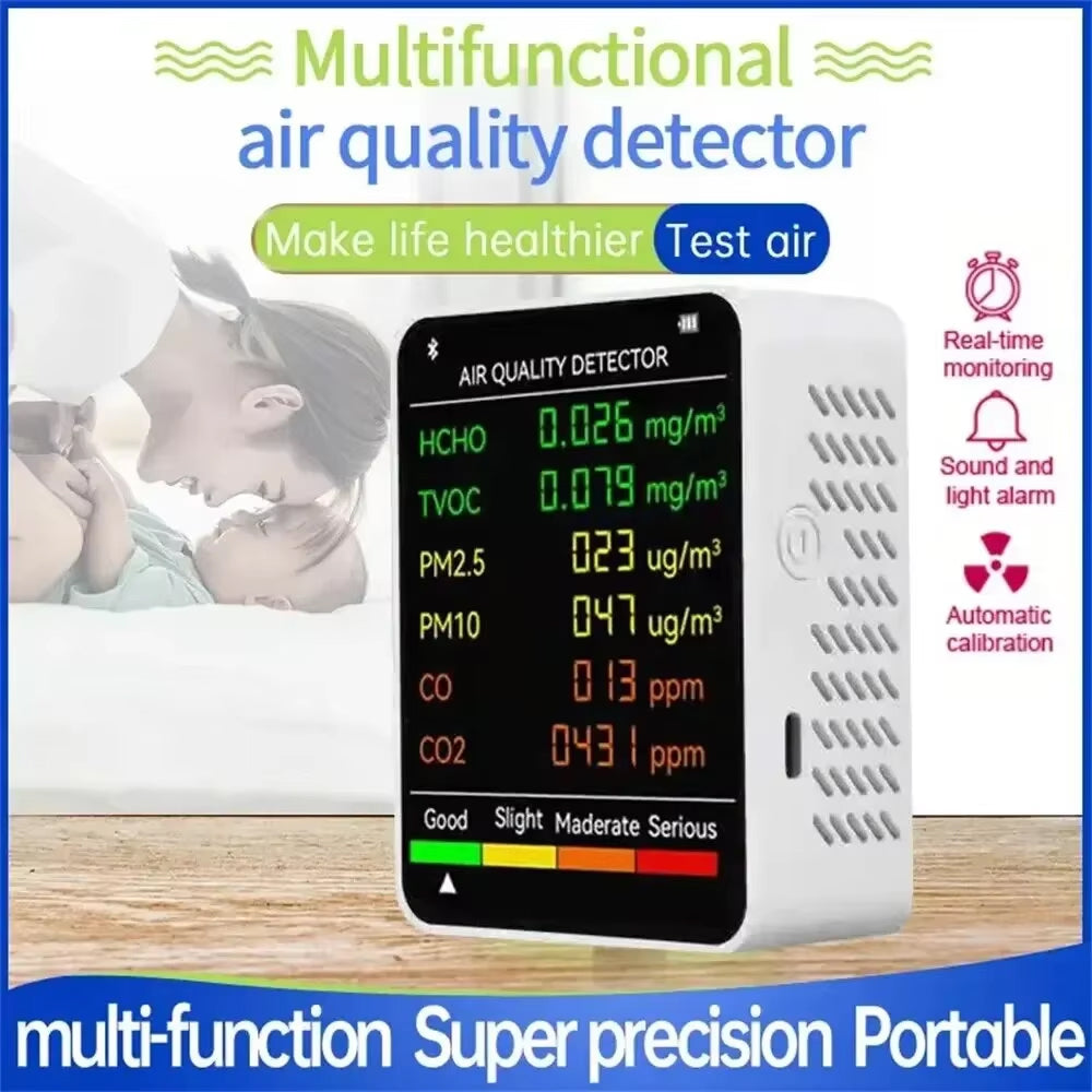 6-in-1 Indoor Air Quality Monitor with Real-Time CO2, PM2.5, TVOC, Temperature & Humidity Tracking for Home, Office & Bedroom | Thomler
