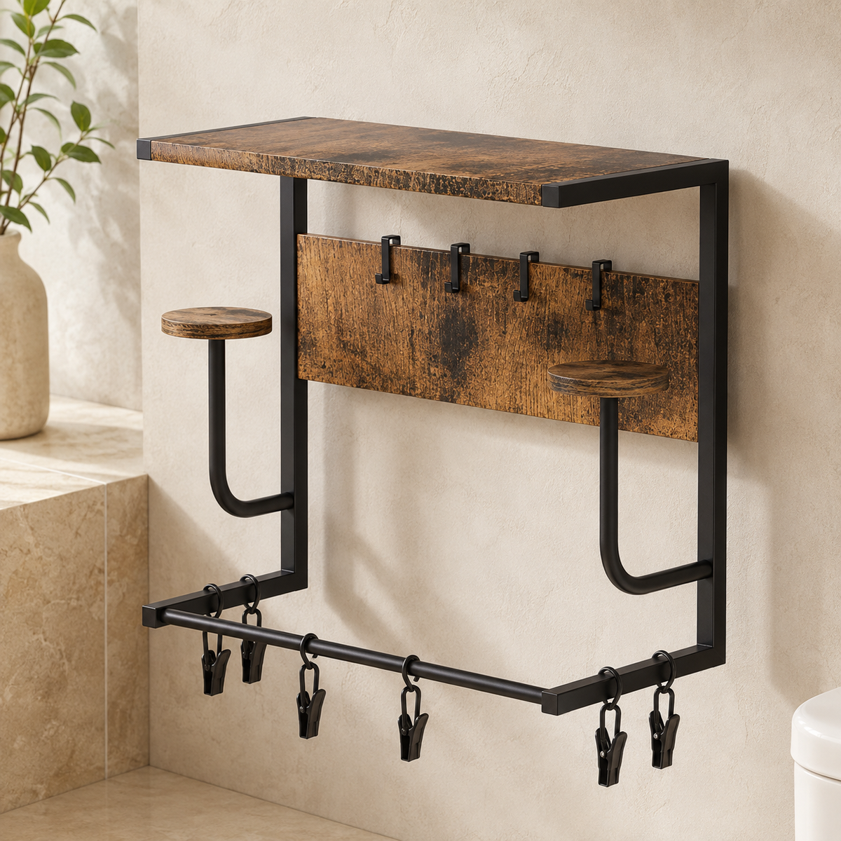 Wall-Mount Coat Rack with Wood Shelf and Metal Hooks for Entryway Storage | Thomler