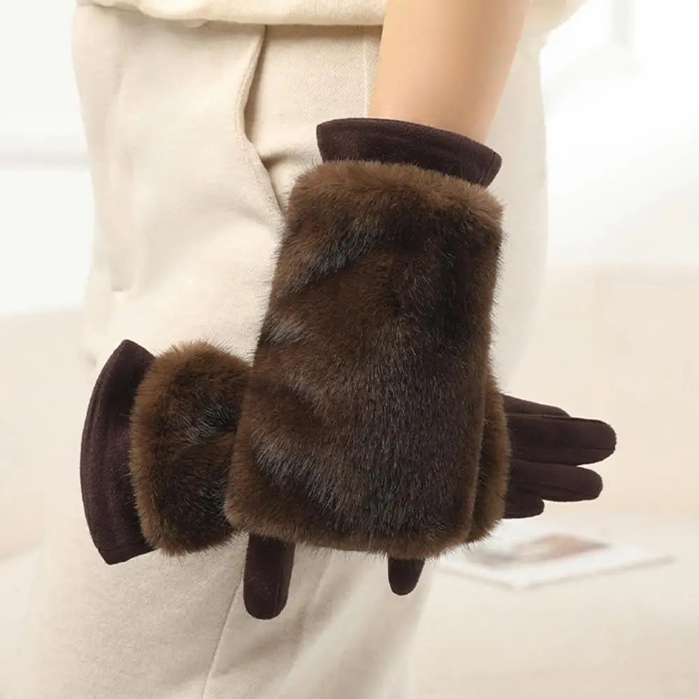 Faux-Suede Winter Gloves with Real Rabbit Fur Cuff for Men & Women – Touchscreen Fingertips, Windproof Lining – Warm Cold-Weather Handwear | Thomler