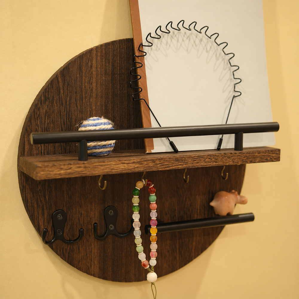 Circular Wood Wall Key Organizer with Shelf & Hooks for Entryway – Natural Finish, Multi-Hook Design for Keys, Accessories & Small Decor | Thomler