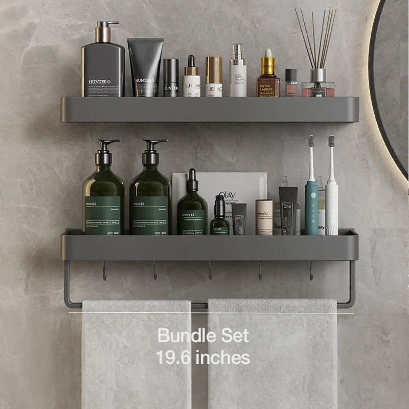 Bathroom Shelf Aluminium 30.0 cm Grey Self Adhesive Shower Wall Organiser With Towel Holder Floating Storage Rack | Thomler