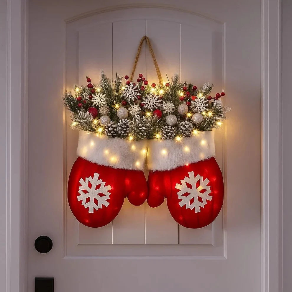 Illuminated Holiday Mitten Door & Stair Decoration with Pine & Berries | Thomler