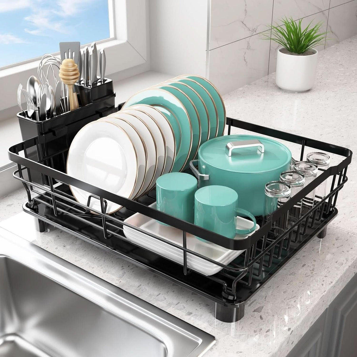 Countertop Dish Rack with Cutlery Caddy – Steel Frame Drainer for Plates, Bowls & Silverware | Rust-Resistant Kitchen Organizer | Thomler