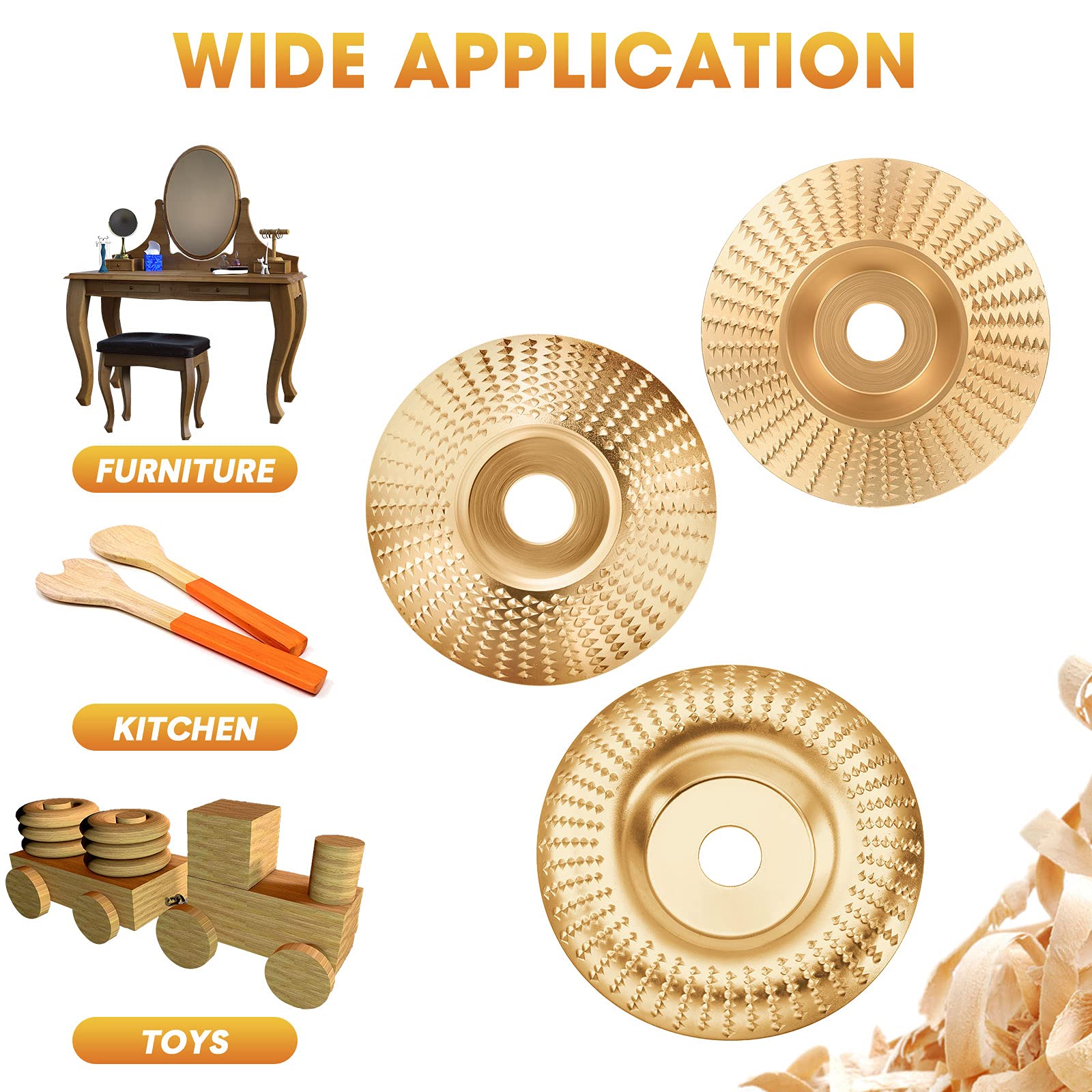 Carbide Abrasive Disc Set for Angle Grinders Gold 3-Piece Wood Shaping Kit Flat Bevel Arc 4 Inch for Woodworking Carving Sanding | Thomler