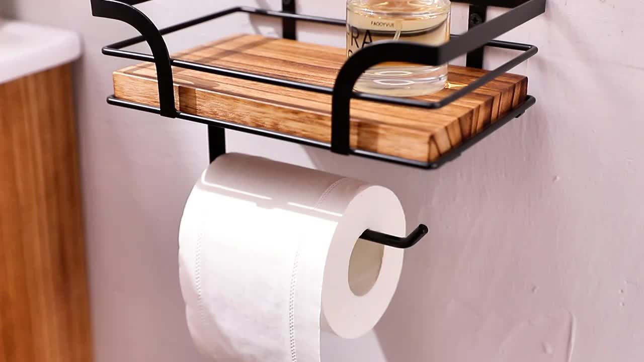 Toilet Roll Holder Wrought Iron Wood Shelf 20.0 cm Bathroom Storage Wall Mounted Organiser Industrial Toilet Shelf Rack | Thomler