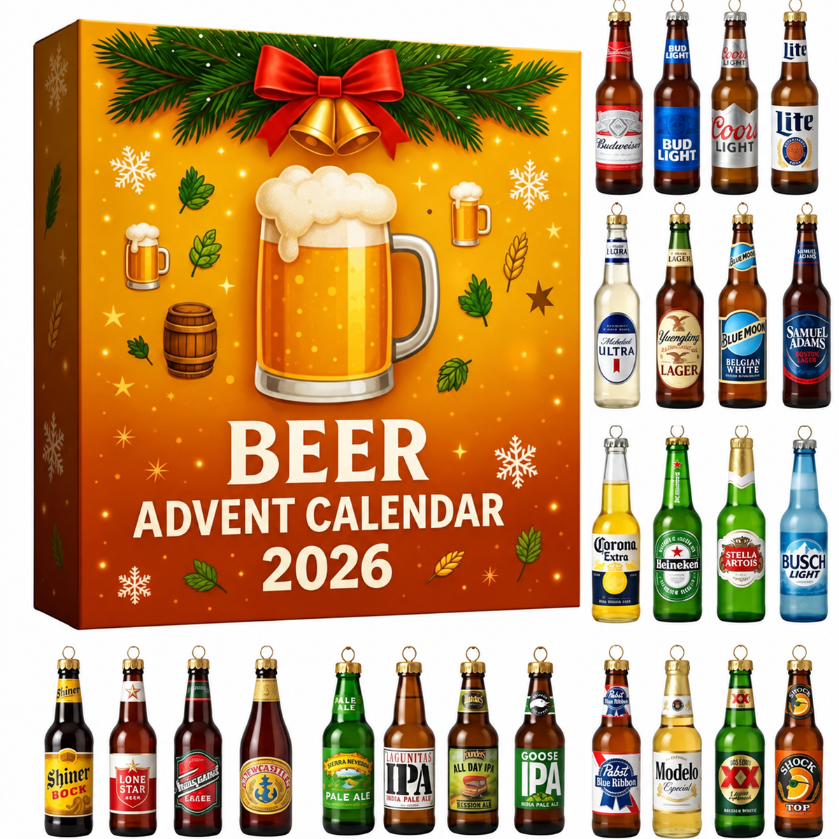 24-Day Holiday Countdown Display with Decorative Spirit Bottle Ornaments – Collectible December Tradition Set | Thomler