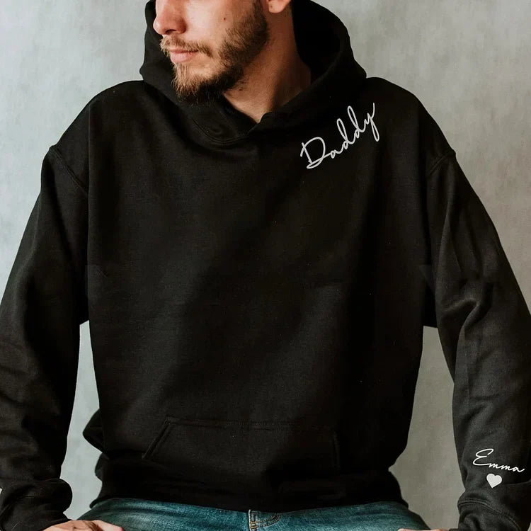Personalized Parent Hoodie with Custom Kids Names on Sleeves for Mom or Dad | Embrace Family Sweatshirt Gift | Cozy Cotton Blend Pullover | Thomler