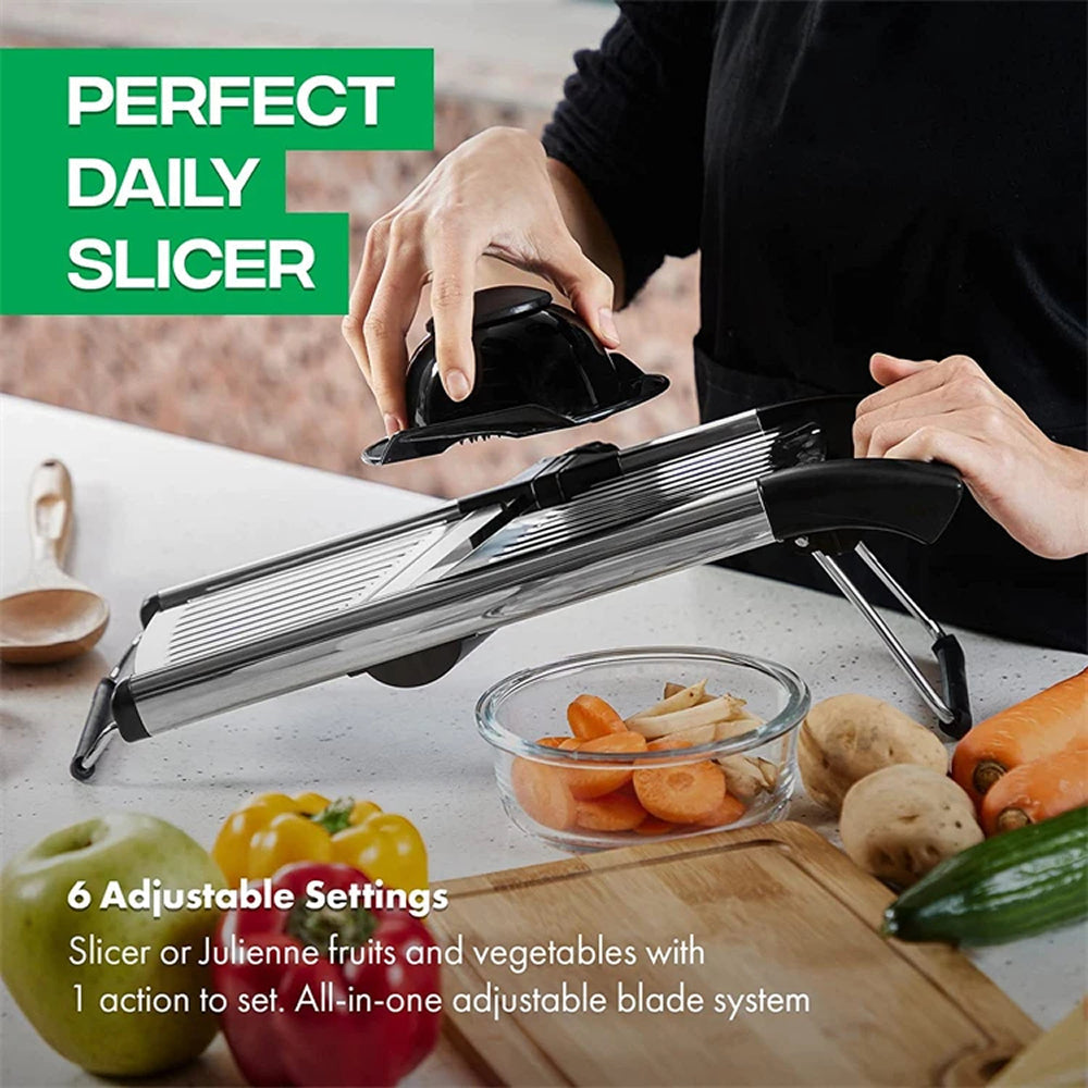 Adjustable Vegetable Slicer with 6 Thickness Settings & Safety Guard for Potatoes, Cucumbers, Carrots | Thomler