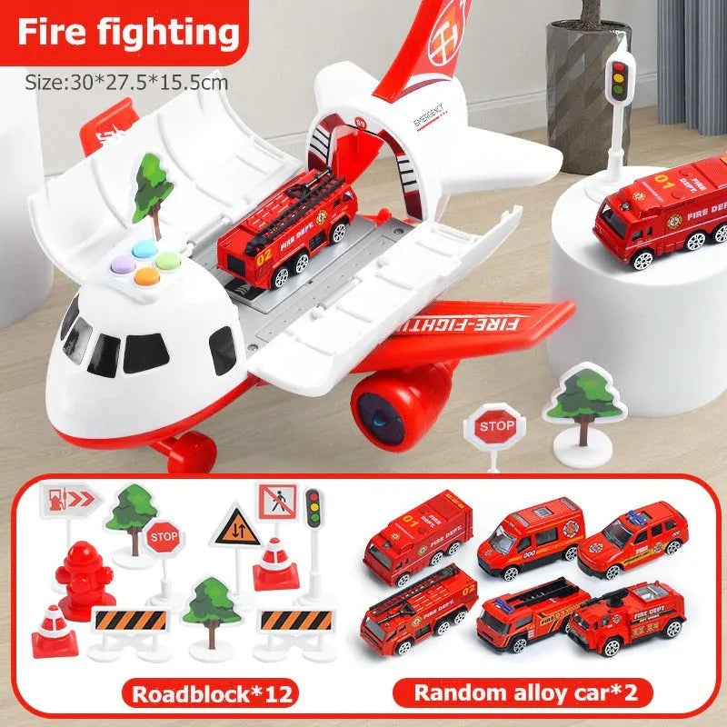 Giant Push-Powered Cargo Airplane Playset with Emergency Vehicles & Traffic Signs for Ages 3-12 | Thomler