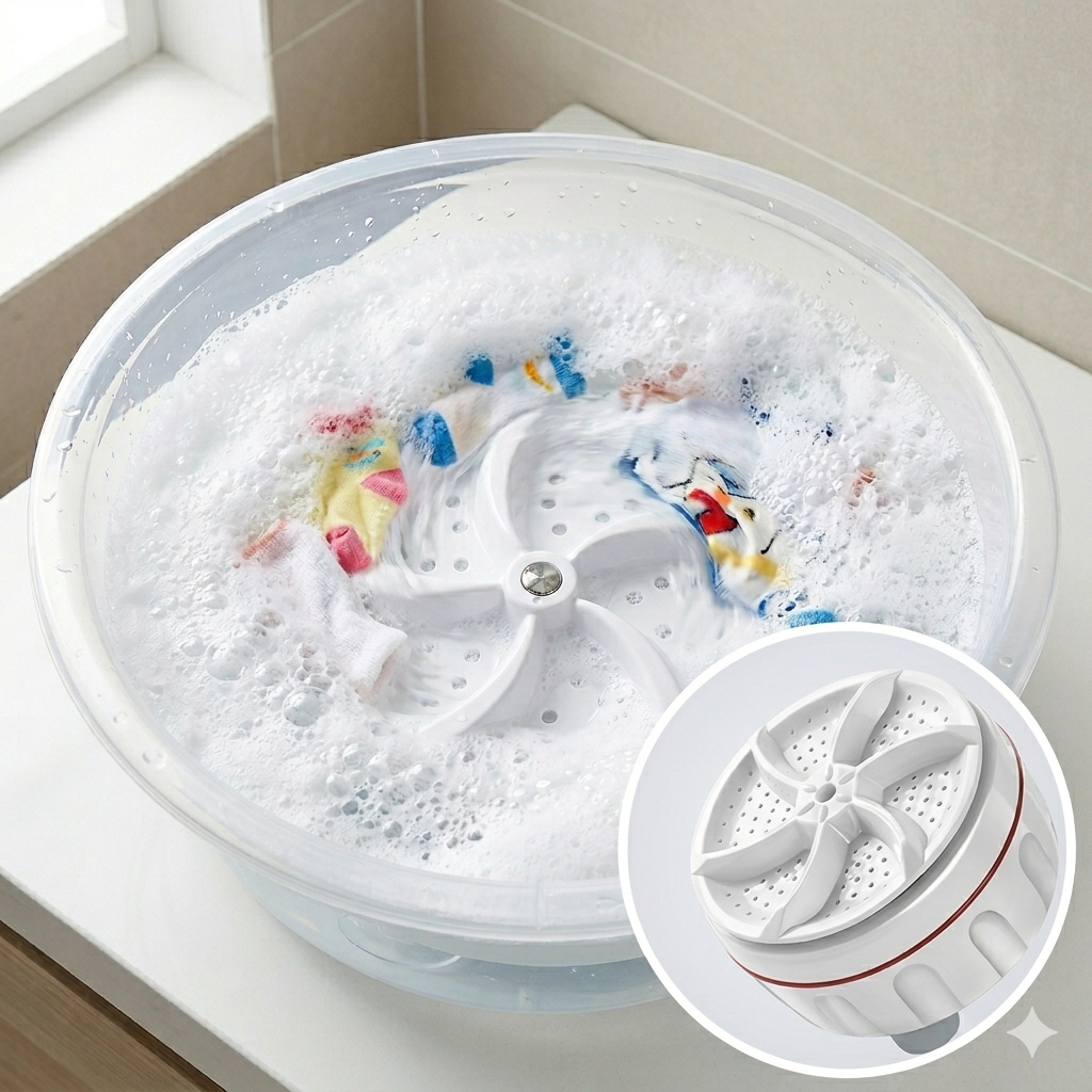 Portable Mini Washing Turbine for Travel, Camping & Small Spaces – Ultrasonic Clothes Cleaner with 4 Wash Modes for Laundry, Produce | Thomler