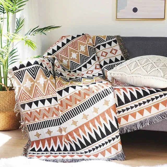 Throw Blanket Cotton Polyester Jacquard Weave Multicolour Sofa Bed Decorative Fringed Bohemian Living Room Accent Cover | Thomler