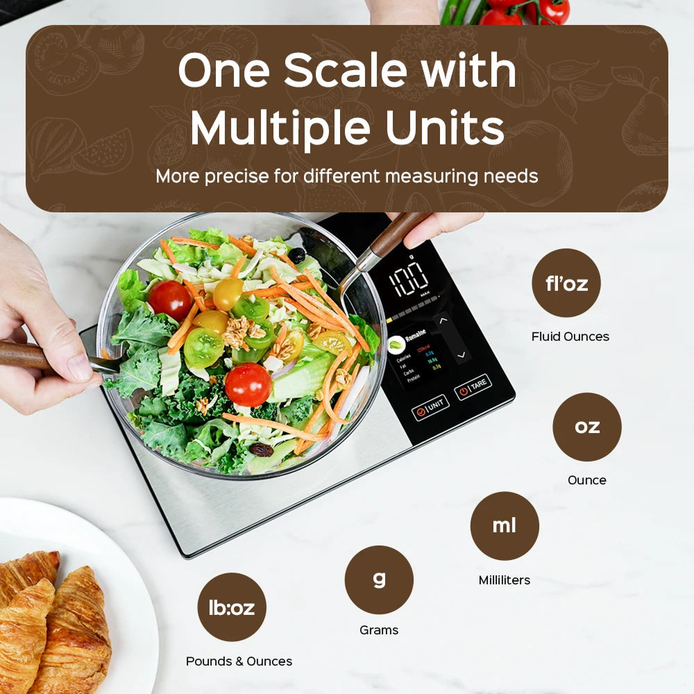 Digital Kitchen Nutrition Scale with Macro Tracking & Color Display for Meal Prep, Diet Planning & Cooking | Thomler