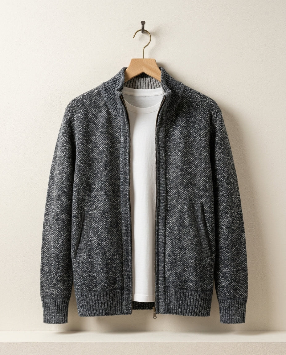 Men's Ribbed Knit Jacket with Plaid Fleece Interior – Layering Staple for Cool Weather | Thomler