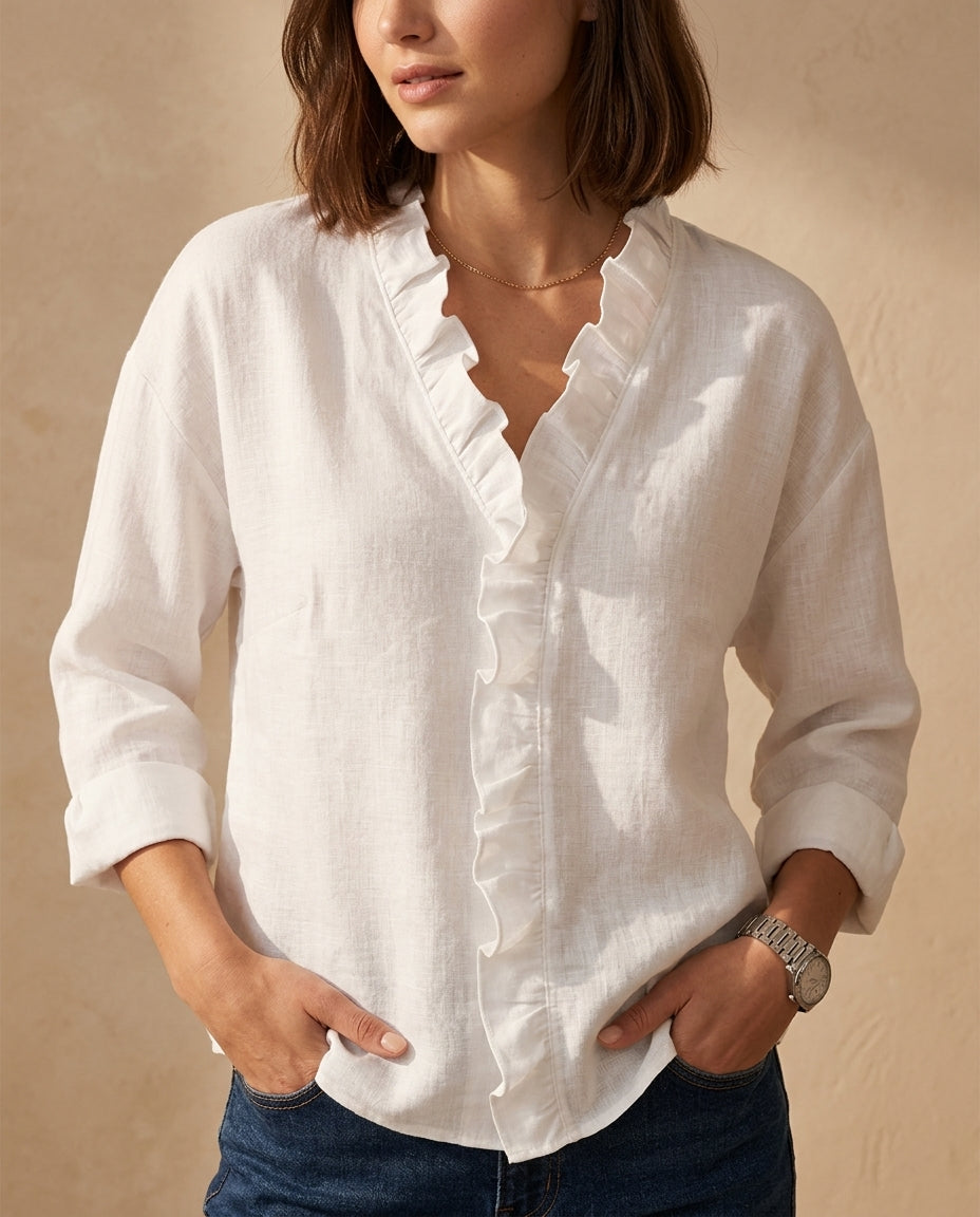 Flowy Gathered Neckline Top with Long Sleeves for Women – Casual Dressy Blouse | Thomler