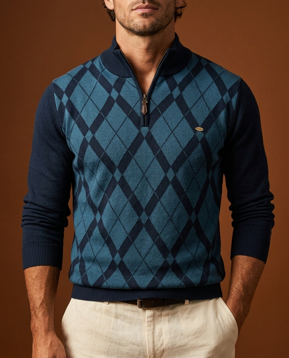 Men's Checkered Cotton-Poly Sweater – Long Sleeve Crew Neck Pullover for Casual Everyday Wear | Thomler