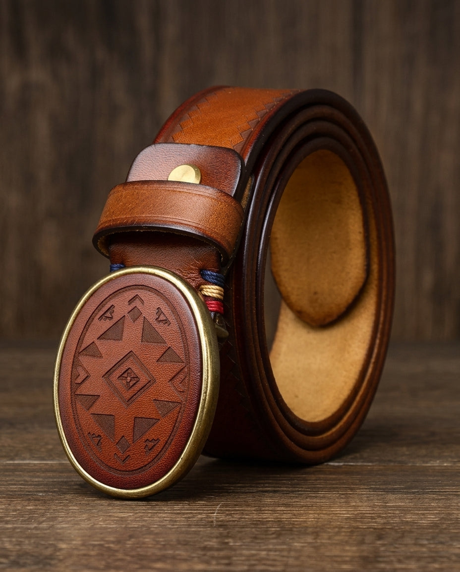 Premium Genuine Cowhide Belt with Hand-Carved Details – Classic Metal Buckle Strap for Casual & Dress Wear | Thomler