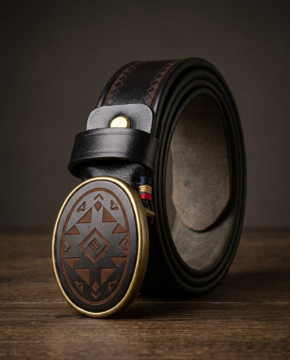 Premium Genuine Cowhide Belt with Hand-Carved Details – Classic Metal Buckle Strap for Casual & Dress Wear | Thomler