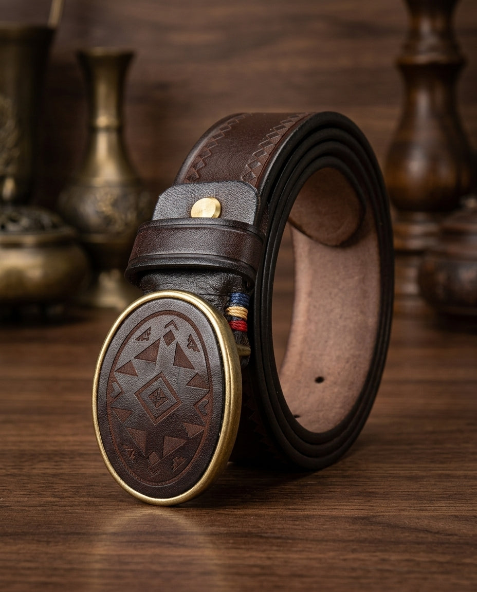 Premium Genuine Cowhide Belt with Hand-Carved Details – Classic Metal Buckle Strap for Casual & Dress Wear | Thomler