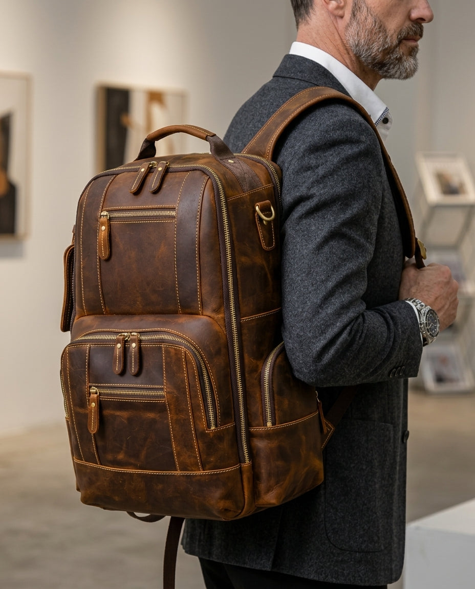 Full-Grain Cowhide Rucksack for Men – Spacious Laptop Compartment, Curved Shoulder Straps, Distressed Finish – Commuter Daypack for Work & | Thomler