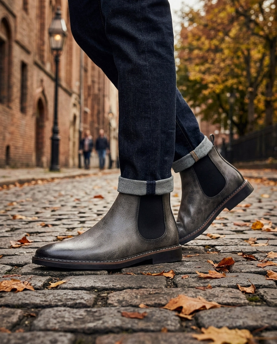 Men's Pull-On Ankle Boots with Elastic Gussets – Vegan Leather Chelsea Style for Work & Weekend | Thomler