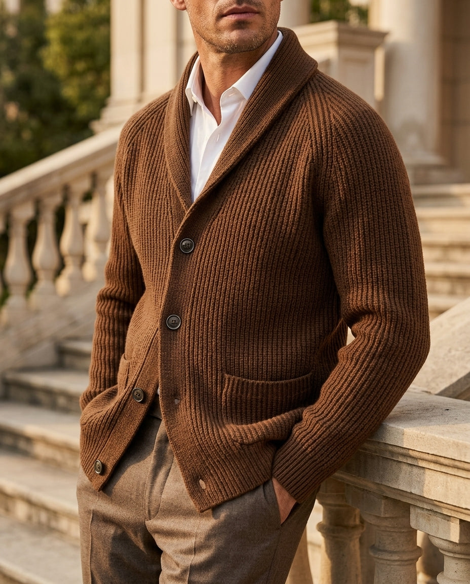 Men's Chunky Knit Button Cardigan Sweater with Collar and Pockets | Thomler